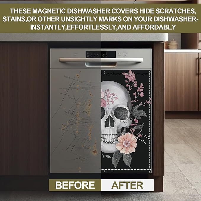 Skull Dishwasher Magnets Decorative Cover,Flowers Magnet Fridge Panel Decal for Home Kitchen Decor,23x26 in