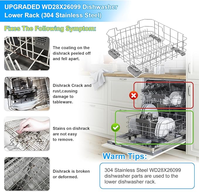 Upgraded WD28X34744 WD28X26099 Dishwasher Lower Rack Compatible with GE Dishwasher Rack Parts,WD28X28918 WD28X22659 WD28X34744 GDF510PSM0SS 304 Stainless Steel GE Dishwasher Bottom Rack with Wheel