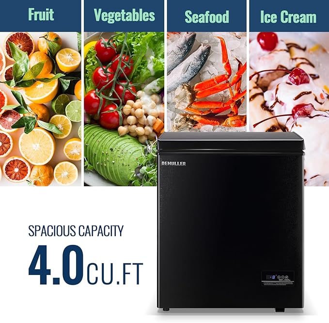 4.0 Cu.ft Compact Chest Freezer Ultra-low Temperature Deep Freezers (Down to -12 ℉) with TWO Removable Baskets Freestanding Black Small Mini Freezer for Home Kitchen Office