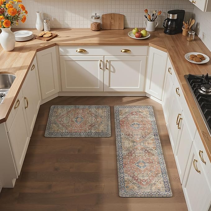 GENIMO Kitchen Mats for Floor, 2PCS Kitchen Rugs Non Slip Washable, Waterproof Anti Fatigue Mat, Comfort Standing Runner Rug for Sink, Office, Laundry, Home, 20"x32"+20"x48", RetroBrick