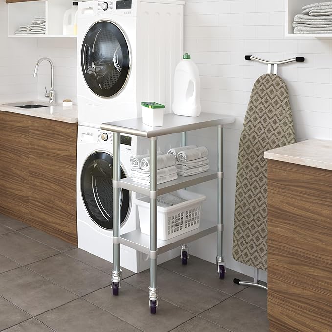 AmGood Stainless Steel Work Table with 2 Shelves and Casters | Metal Utility Table On Wheels (Stainless Steel Work Table with 2 Shelves + Casters, 15" Long x 30" Deep)