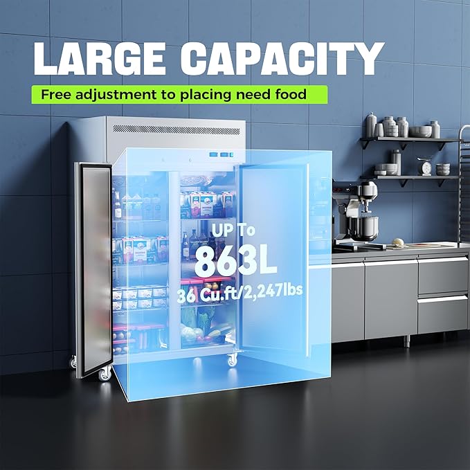 Coolake 48" W 2 Door Commercial Refrigerator and Freezer Combo, 36 Cu.ft 2 Section Stainless Steel Solid Door Fan Cooling Upright Reach in Freezer for Restaurant, Bar, Shop, Garage