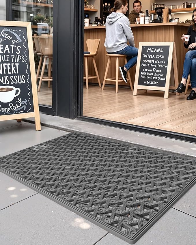 DEXI Front Door Mat Outside Entrance Rubber 19x30, Welcome Floor Doormat Heavy Duty Non Slip, Dirt Trapper Waterproof Exterior Entry Mats All Weather for Patio Entryway Drainage, Grey