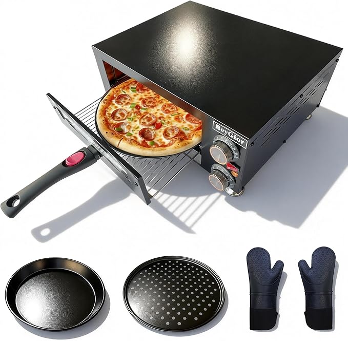 Electric Pizza Oven Indoor, Countertop Pizza Oven with Two 12 inch Baking Trays, Oven Mitts,Commercial Pizza Maker for Home, Stainless Steel Pizza Cooker with Visual Window, Removable Handle