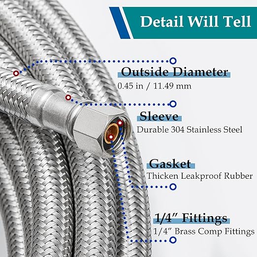 Refrigerator Water Line for Ice Maker Braided - 10' Pex Water Supply Lines Hose for Fridge Outlet Box with 1/4 Comp Fitting