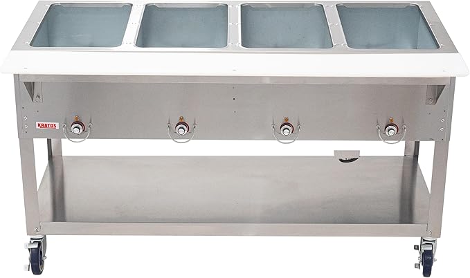 Kratos Commercial Mobile Electric Steam Table/Hot Food Table, 4 Wells, Stainless Steel, NSF 240V (28W-199)