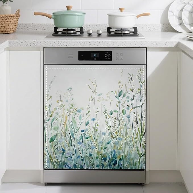 Watercolour Wildflowers Plants Dishwasher Magnets Decorative Cover,Magnet Fridge Panel Decal for Home Kitchen Decor,23x26 in