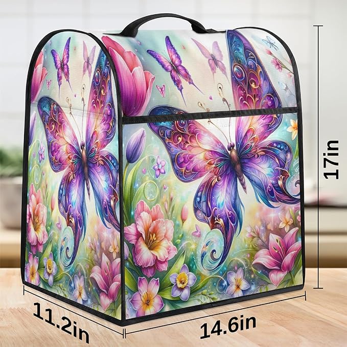 Kitchen Aid Mixer Cover Butterfly Color Flowers Stand Mixer Cover Compatible with 6-8 Quarts Stand Mixers, Dust Covers with Zipper Pocket Foldable Washable Kitchen Aid Organizer Bag