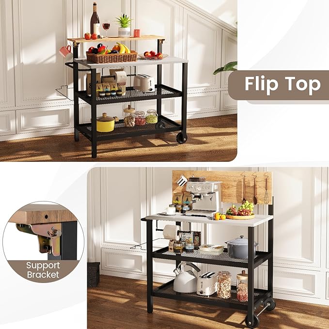 GOFLAME Outdoor Patio Cart Table, Kitchen Shelf on Wheels with Flip Top, Trash Bag Holder, Movable Hooks, Side Handle, Rolling Dining Grill Table, 4-Tier Serving Cart for Home, Bar, with Chairs