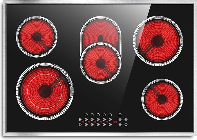 30 Inch Electric Cooktop, 5 Burner Electric Stove Top Touch Control, 8400W Built-in Ceramic Stovetop Burner 30" with Expandable Zone, Child Lock, Timer, Overheat Alert, 220-240v Hardwired