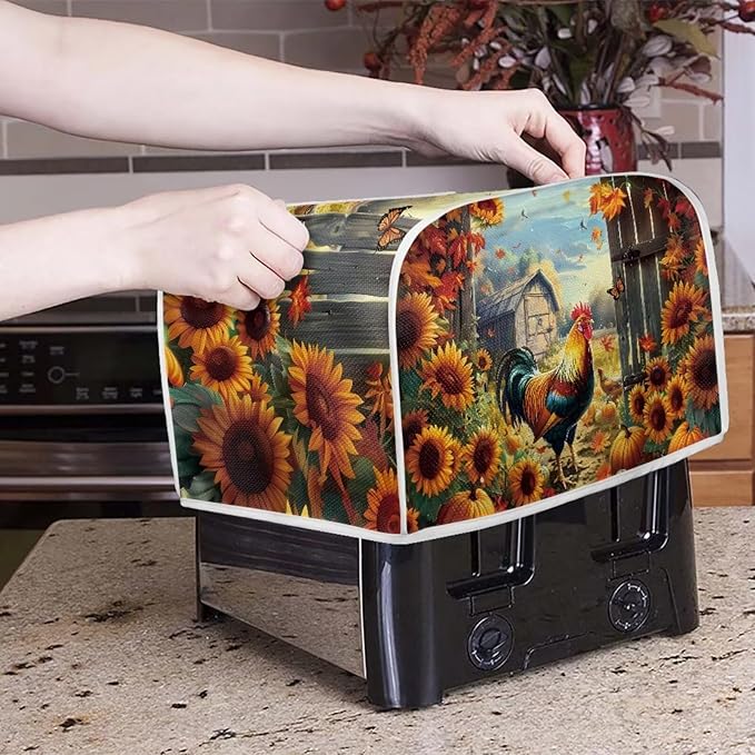 UNICEU Sunflower Rooster Print Toaster Dust Cover Protector Compatible with 4 Slice Heat-Resistant Dust Protection Anti-scratch Home Kitchen Decor