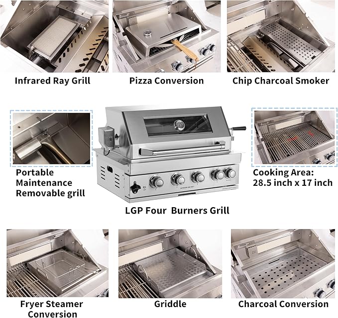 Outdoor Kitchen Kit, Built-in 32 inch LPG Gas Grill 60000 BTU Stainless Steel Four burners Grills,DIY Combo Outdoor Kitchen Island, 12 in 1 BBQ Tool Set Best of Backyard Gourmet Package Deal