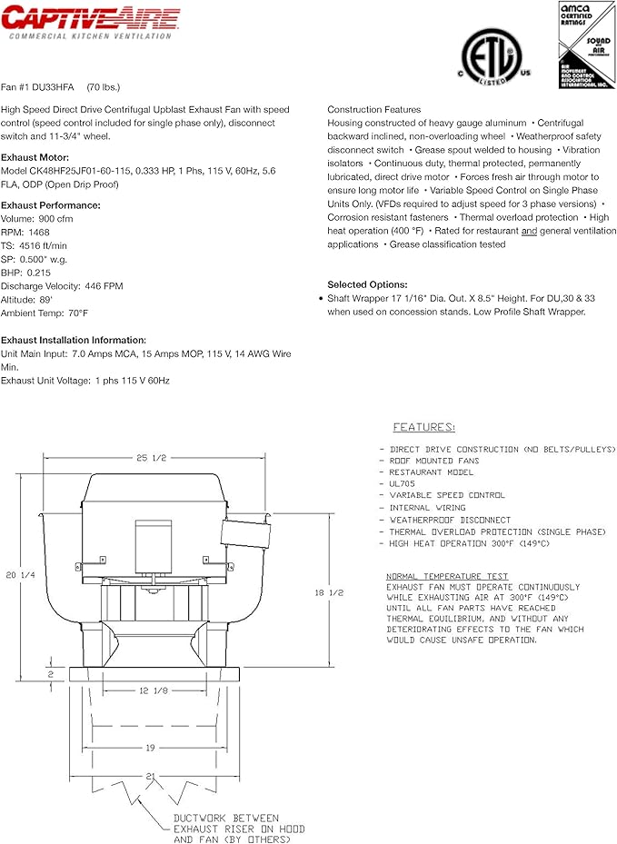 Food Truck Low Profile Exhaust Hood System Includes a stainless steel exhaust hood, an exhaust fan, an adjustable duct section, and installation hardware (6' Long Hood & Fan)