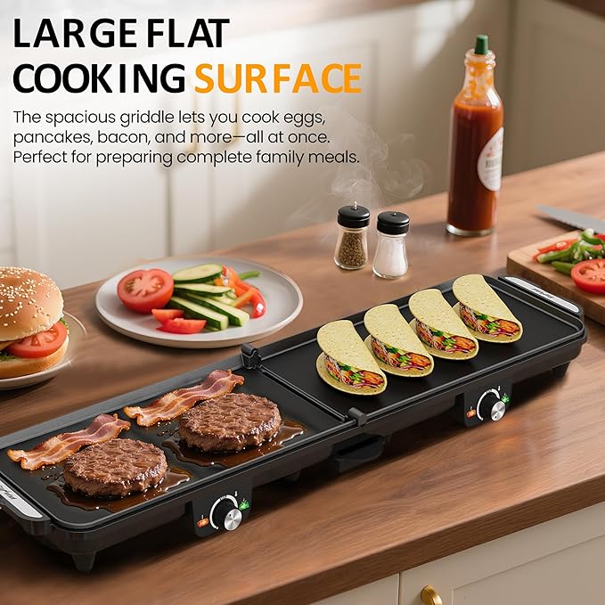 Sunvivi Electric Griddle Flat Grill: Indoor Grill with 2 Adjustable Temp Knobs, Nonstick Cooking Plate, Large Grill Pan with Drip Tray, 2 Cooking Zone (17.5'' x 9''), Easy to Clean