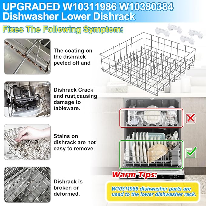 UPGRADED W10311986 W10380384 Dishwasher Lower Rack Assembly for Whirlpool Kenmore Dishwasher Rack Replacement Parts,W10311986 W11158802 Whirlpool Dishwasher Bottom Rack with Wheel Dishrack