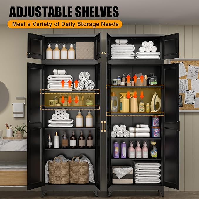 Kitchen Pantry Storage Cabinets, 90" Tall Metal Storage Cabinet with Doors and 4 Shelves, Black Pantry Cabinet, Utility Kitchen Cupboard, Large Steel Cabinets for Dining Room, Office, Living Room