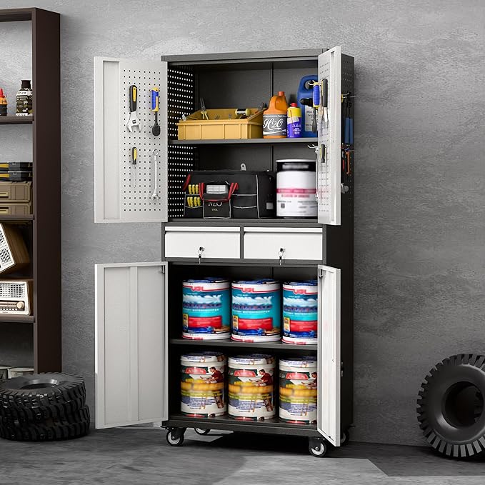 Aobabo Garage Storage Cabinet with 2 Drawers, Metal Storage Cabinet with Wheels for Garage Home,Assembly Required,Black&Silver