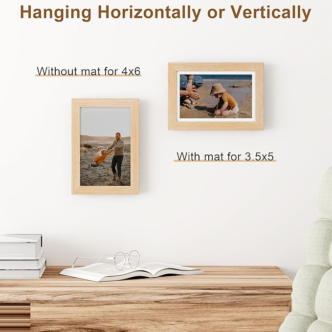 Vittanly 4x6 Picture Frame, Solid Wood Frame with Plexiglass, Includes 3.5x5 Mat, Wall Hanging or Tabletop for Photos, Home Decor, Natural, 1 Pack