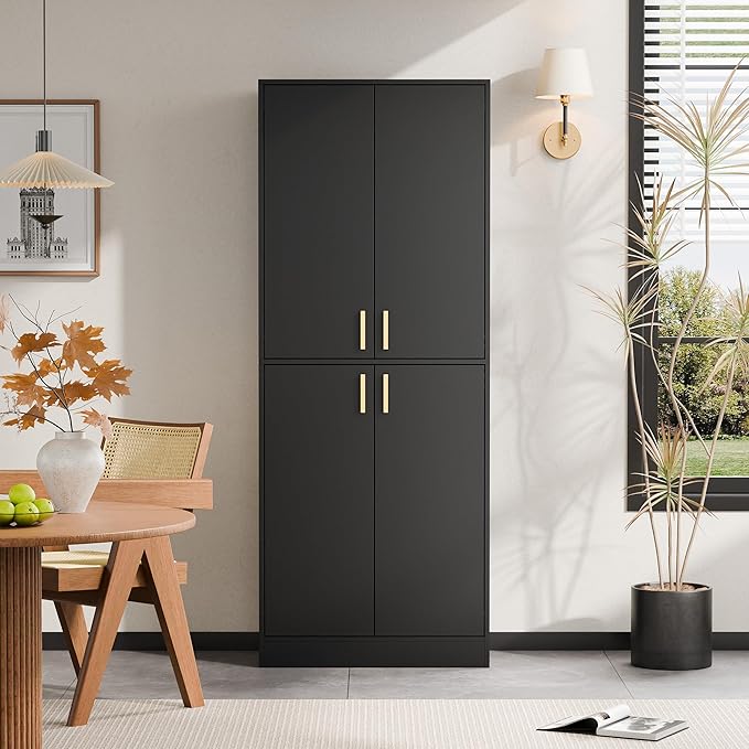 Cozy Castle Kitchen Pantry Cabinet, 71" Tall Wood Storage Cabinet with Doors and Shelves 4 Doors Freestanding Cupboard for Dining Room Living Room Bathroom Furniture, Black | Wood Storage Cabinet, 4 Doors, Utility Hutch, for Dining Room