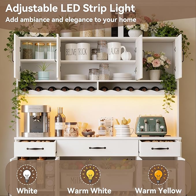 72" Tall Kitchen Pantry Cabinet with Charging Station 55" Wide Kitchen Hutch Cabinet with LED Light and Countertop Large Kitchen Pantry Storage Cabinet With Adjustable Shelves and Wine Rack
