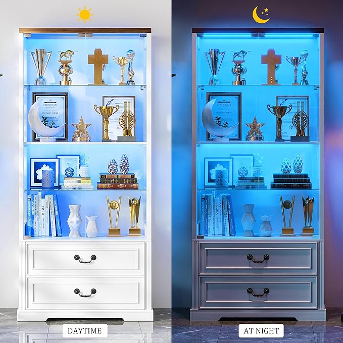 Glass Display Cabinet with Door, 4-Tier Curio Cabinet with 2 Drawers and Adjustable Glass Height Showcase, Display Case with 3 LED Light and Human Body Sensor, White