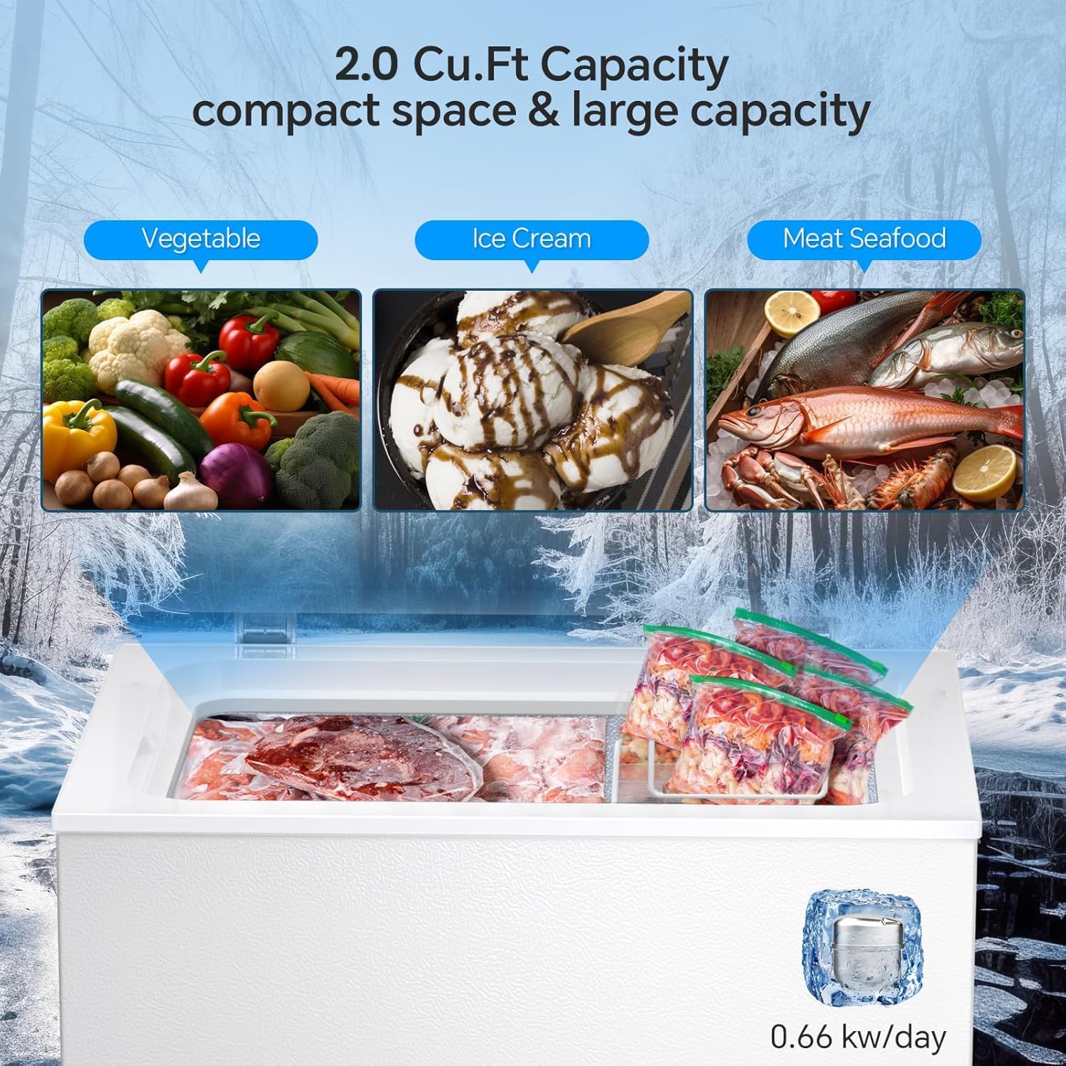 Kismile 2.0 Cubic Feet Chest Freezer, Compact Deep Freezer for Home, White