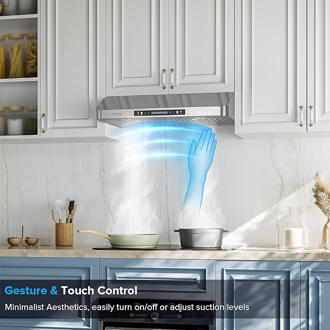 IKTCH Under Cabinet Range Hood 36 Inch,390-CFM Ducted Kitchen Vent Hood with 2 LED Light, 4 Speed Gesture & Touch & Remote Control, Silver Stainless Steel, with 2 Pcs Baffle Filter