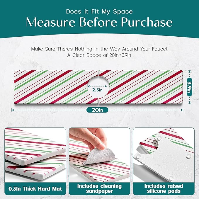 Stone Faucet Mat for Kitchen Sink, Diatomite Drying Stone Mat for Kitchen Counter, Prevent Moisture – Sink Splash Guard for Holiday Gift Home Decor (Red/Green, 20''x3.9'')