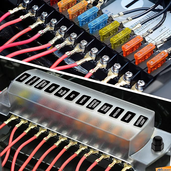 Nilight 12 Way Fuse Block with Negative Bus 12V Blade Holder ATC/ATO Standard Box Label Stickers Waterproof Cover Panel for Automotive Cars Trucks RVs Campers Vans