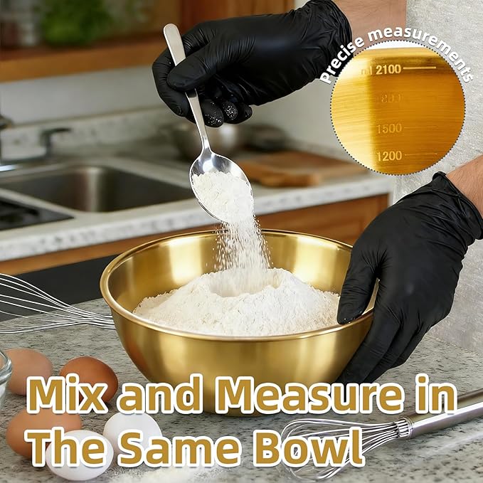 3-Piece Stainless Steel Golden Mixing Bowls (7.1") Metal Bowl with Measurement Marks, Dishwasher Safe & Stackable - Perfect for Baking, Salad Making, Meal Prep and Kitchen Use