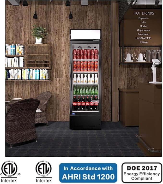 Merchandiser Refrigerator with Glass Doors 23”, Beverage Display Cooler, Commercial Upright Refrigerator Display with LED Lighting, Adjustable Shelves for Beverages, Beer, and Drinks, Black