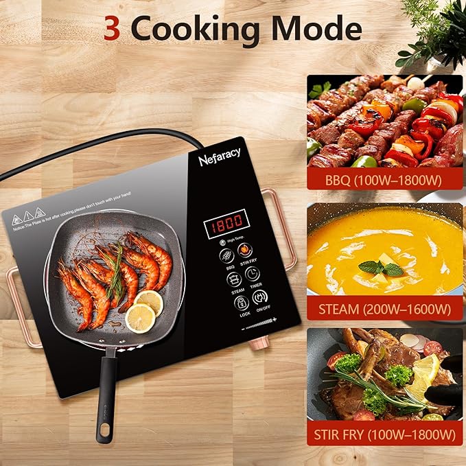 Single Burner Electric Cooktop 110V, Nefaracy Portable Electrical Stove 1800W Electric Burner Portable with Handle Touch Control & Knob Control, Timer, Safety Lock(Plug in)
