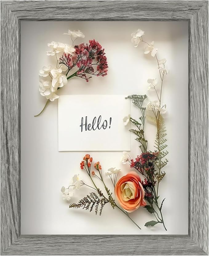 FrameWorks 8x10 Driftwood Wooden Shadow Box Frame – Soft Felt Back, Tempered Glass, and Included Elegant White Ball Push Pins
