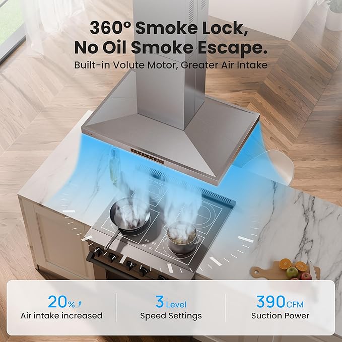 30 Inch Island Range Hood, 390 CFM kitchen Hood with Dual-Sided Touch/Gesture Control, Convertible Ducted/Ductless, Ceiling Mount, 3 Stainless Steel Baffle Filters, 3-Speed Fan
