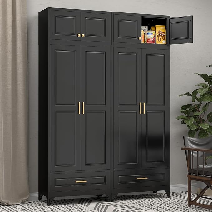 Kitchen Pantry Storage Cabinets, 90" Tall Metal Storage Cabinet with Doors and 3 Shelves, Black Pantry Cabinet with Drawer, Kitchen Cupboard, Large Steel Cabinets for Dining Room, Office, Living Room