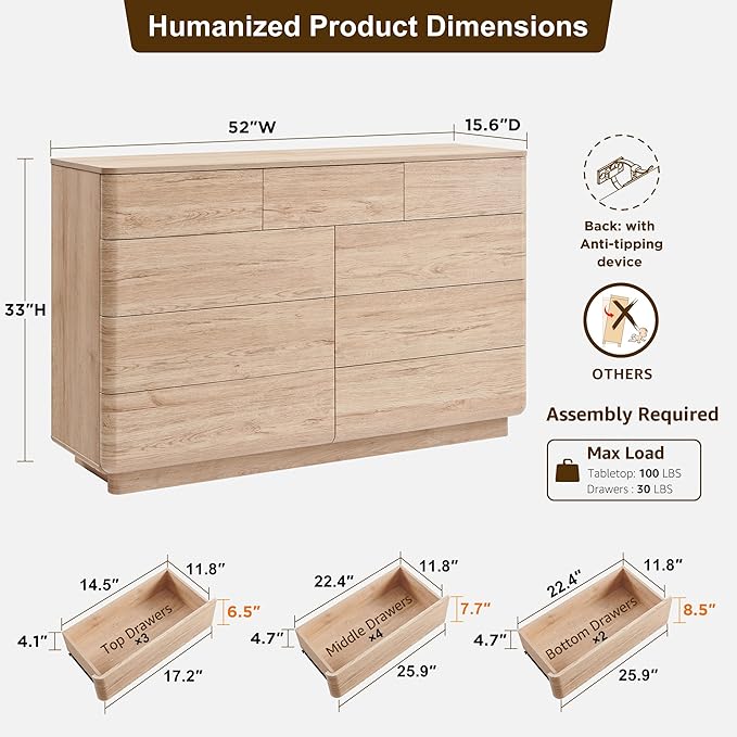 ACCOHOHO Modern 9 Drawer Dresser for Bedroom, 52" Wide Wooden Dressers with Large Storage,Handleless Chest of Drawers TV Stand for Living Room & Hallway, Curved Profile Design,Natural Oak