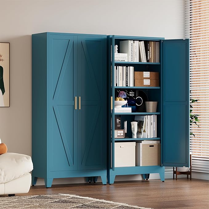 71" Tall Pantry Cabinet, White Metal Pantry Storage Cabinet, Kitchen Pantry Storage Cabinets with 2 Door and 4 Adjustable Shelves (Blue, 71" H)