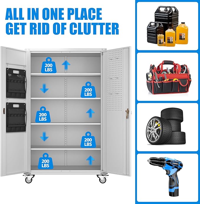 Aobabo Upgraded Wide & Deep Garage Storage Cabinet with Wheels, Metal Storage Cabinet with Door Pegboards and 2 Rod for Garage Home Storage (White, 43.3''W x 21.9''D x 72''H),Required Assembly