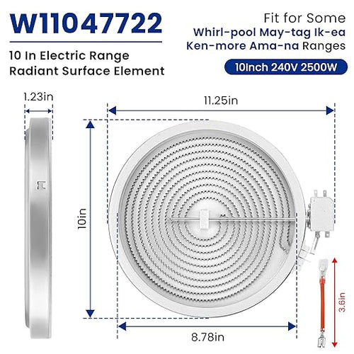10In W11047722 8523692 W10248262 Single Radiant Surface Heating Element Fit for Whirl-Pool, Ken-More, May-tag, Replaces PS11775308 4461933 AP6041999 Range Stove Burner Surface Element by Fetechmate