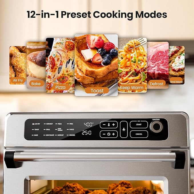 Kismile 25QT Air Fryer Toaster Oven Combo, 12-in-1 Large Countertop Convection Airfryer Oven, 70–450℉, Bake, Roast, Reheat, Broil, Fits 12″ Pizza, Includes Full Accessories, Stainless Steel(Silver)