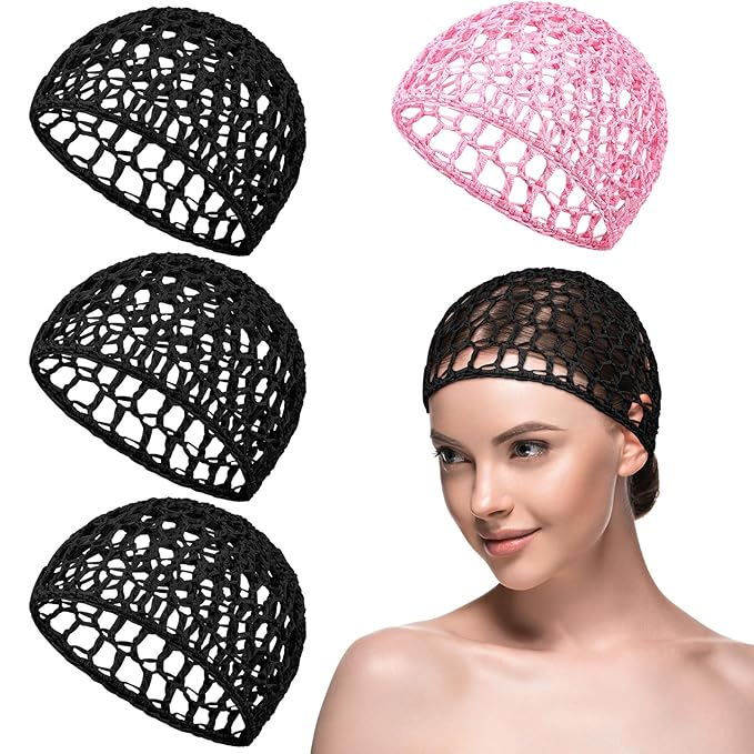 Geyoga 4 Pieces Mesh Crochet Hair Net Rayon Knit Snood Hat Thick Short Women Hairnet Snoods Cover Ornament for Sleeping (Pink,Black)