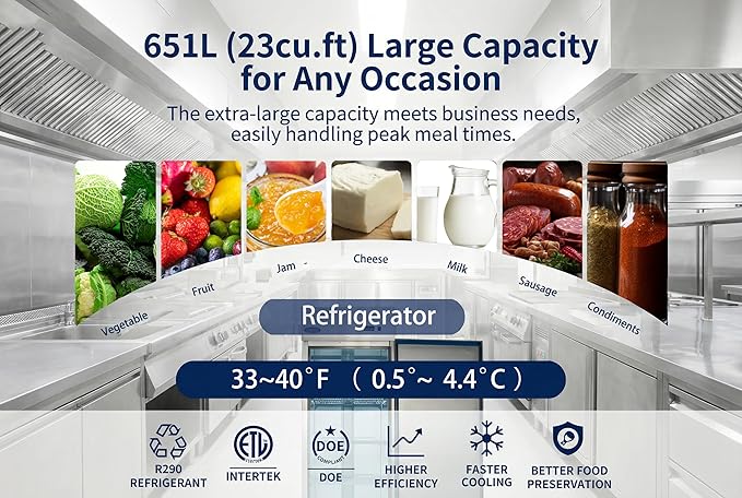 27" Commercial Refrigerator 23 Cu.ft with 1 Door Reach-In Refrigerators Stainless Steel ETL Approved，for Restaurant Kitchen Home Bar Shop 33-40°F