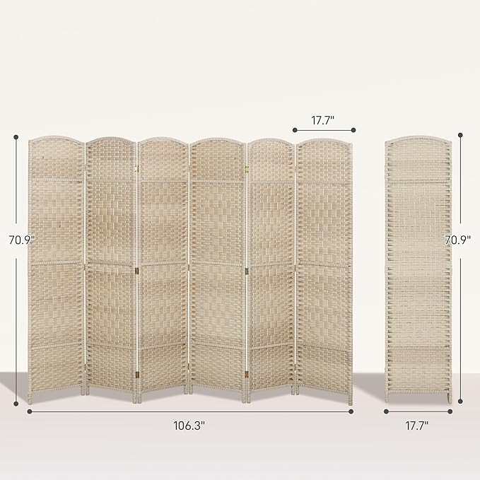 HOMCOM 6 Panel Room Divider, 6' Tall Folding Privacy Screen, Woven Freestanding Wall Partition for Home Office, Bedroom, Washed Oak