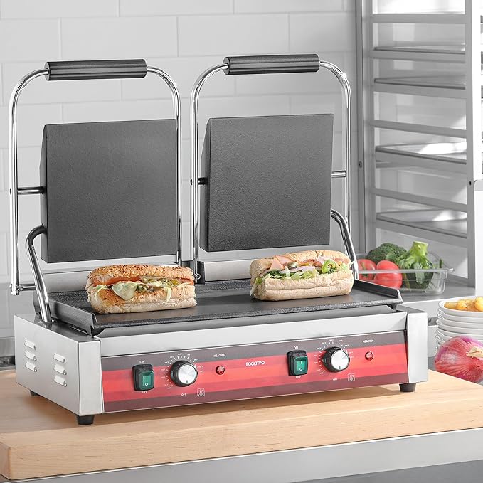 EGGKITPO Commercial Dual Panini Press with 2 Flat Plates Electric Panini Grill with Temperature Control and Handle 19.5" ×9.4" Large Cast Iron Sandwich Maker for Kitchen Business 110V 3400W