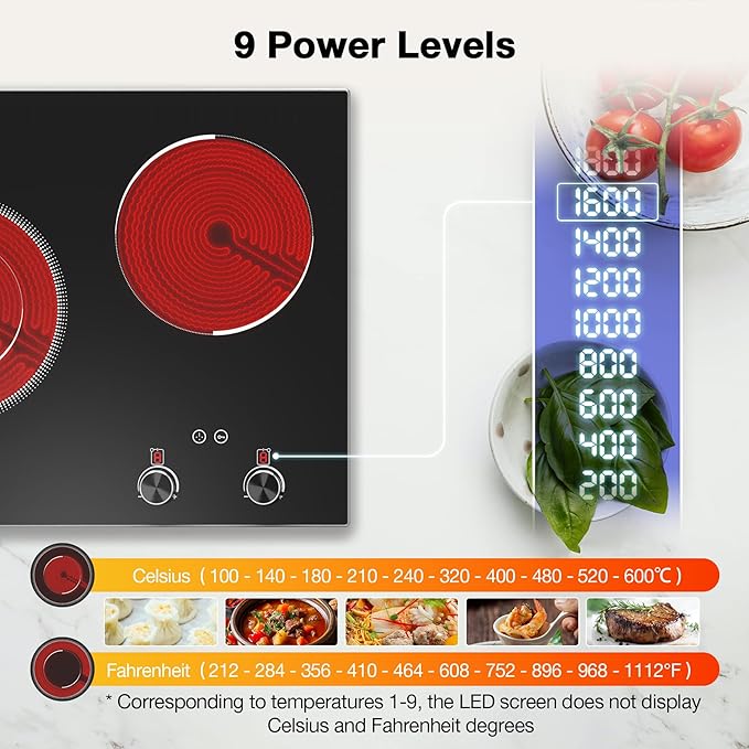 VBGK Electric Cooktop,2100W Built-in & Countertop 2 Burner Electric Cooktop,Electric Stove Top with10 Heating Level, Timer & Kid Safety Lock, LED Knob Touch Control Electric Burner with Plug
