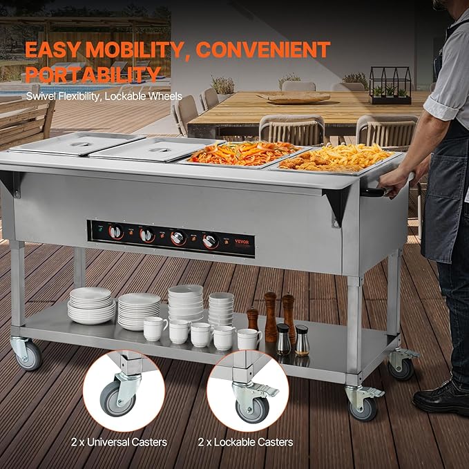 VEVOR Commercial Food Warmer, 2000W Electric Steam Table with 4 x 20.6QT Pans, Versatile Food-Grade Stainless Steel Server with Countertop & Shelf, Movable Buffet Catering Warmer for Party Restaurant