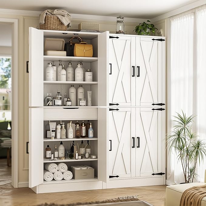 Unikito 71" Tall Kitchen Pantry Cabinet with Farmhouse Barn Doors and Storage Drawer, 8 Adjustable Shelves, Freestanding Cupboard for Dining Room, Living Room, Utility Room, White, 2 Pack