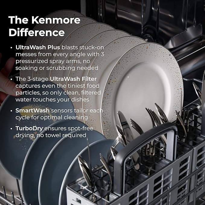 Kenmore 22-14679 24" Built-In Dishwasher - UltraWash Plus, TurboDry, EasyFlex Third Rack & SmartWash Cycle - 15 Place Settings - 45 DBA - ENERGY STAR Certified - 24" - Black