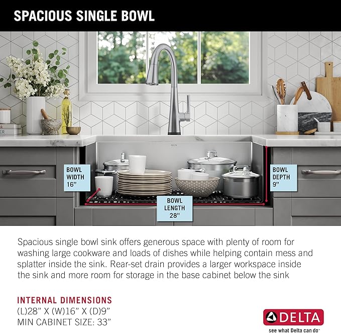 DELTA FAUCET Delta Lenta 30-inch Undermount 16 Gauge Stainless Steel Single Bowl Kitchen Sink with Accessories, 953034-30S-SS, Satin
