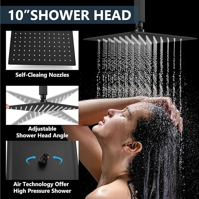 Aolemi Shower Faucet Set Ceiling Mount Shower System Rough-in Valve and Shower Trim Kit 2 in 1 Handheld Spray Push Button Diverter 10 and 6 Inch Dual Shower Head Matte Black